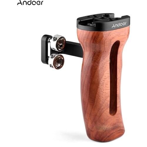 Andoer Universal Camera Cage Wooden Handle Left/Right Side Hand Grip with Cold Shoe Mount 1/4 Inch & 3/8 Inch Screw Holes