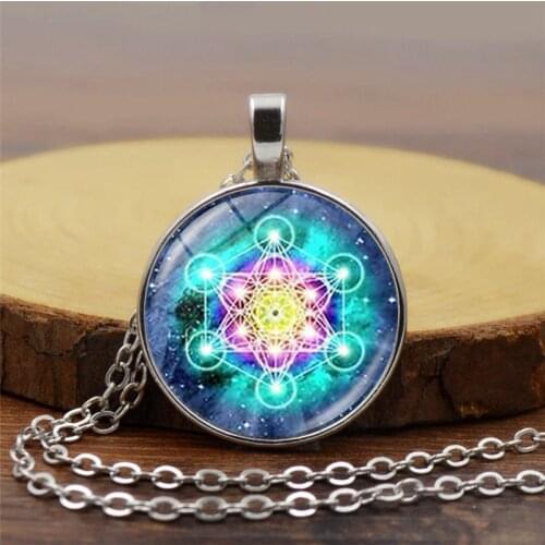 Mysterious Metatron Cube Necklace Sacred Geometry Flower of Life Glass Pendants Magic Hexagram Choker Jewelry for Unisex