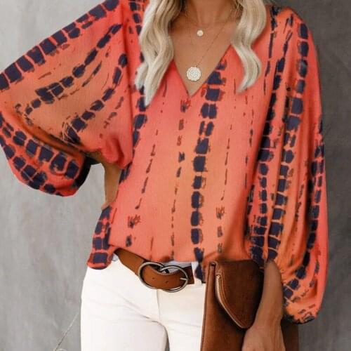 Womens Blouse Summer Print Blouses Tops Womens Clothing 2021 V-Neck Fancy Lantern Sleeve Shirt For Femme Blusas Mujer De Moda