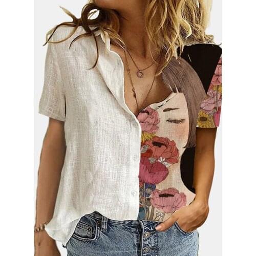 Womens Shirt Vintage Print Button Up Blouse Short Sleeve Top Womens Clothing 2021 Blusas Y Camisas Femme Y2k Tops Plus Size