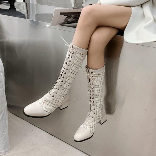 Lady Fashion Color Matching Lattice Knee High Boots Spring Autumn Cross Tied Square Toe Women Shoes Winter Mid-Heel Knight Boots