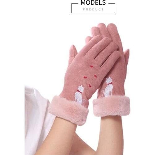 Winter Ladies Gloves 2020 New Touch Screen Wrist Gloves For Women Cat Embroidery Plush Inside Soft Outdoor Warm Women Gloves