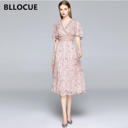 BLLOCUE Sweet Pink Print Dress 2020 Summer Butterfly Sleeve High Waist Lace lace V-neck Fashion Floral A-Line Dress Vestidos