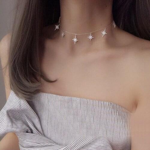 Silver color star charm necklace Dainty north star pendant paved AAA+ CZ layer choker necklace for women partry weddin