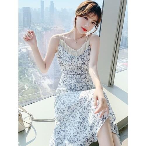 Summer New Style Korean Version Of Bohemia Travel Vacation Beach Sling Dress Temperament First Hand Retro Printing Long Dress