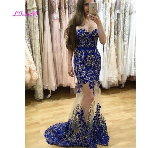 Sexy Mermaid Evening Dresses Sleeveless Appliques Illusion Tulle Long Prom Dress Elegant Sweep Train Formal Gowns Robe De Soiree