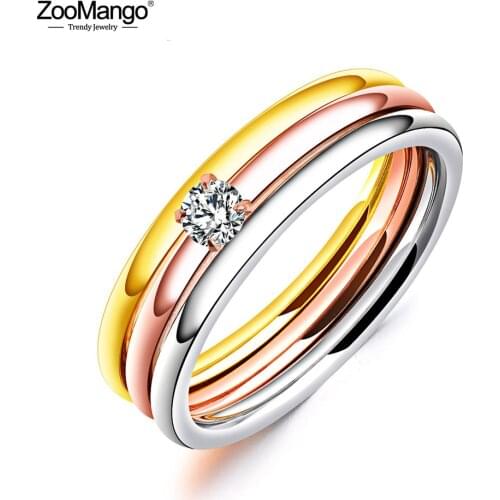ZooMango New Design Titanium Steel Cubic Zirconia Wedding Rings For Women Multicolor Three In One Classic Ring Jewelry OGJ591