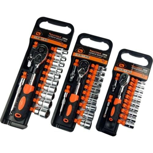 13PC ratchet wrench set 1/4 "3/8" 1/2 "Cycle Socket Wrench kit Combination Set Chrome Steel Stick Spanner Equipment Car Repair