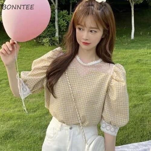 Blouses Women O-neck Sweet Summer Female Patchwork Design Casual Korean Preppy Student Puff Sleeve Mujer Ropa Hipster Teens Tops