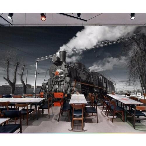 CJSIR Large Custom Wallpapers Mural Retro Tale Black and White Steam Train Cafe Bar Mural Background Wall Papel De Parede
