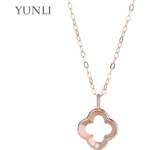 YUNLI Natural Diamond 18K Rose Gold Pendant Necklace Simple Petal Design Pure AU750 Clavicle Chain for Women Fine Jewelry PE014