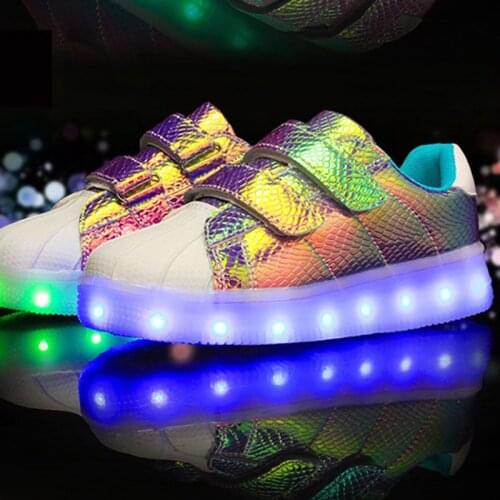 Shell Head Colorful Leather Children Led Light Shoes USB Charge Boys Girls Luminous Sneakers Sports Running Shoes 1728