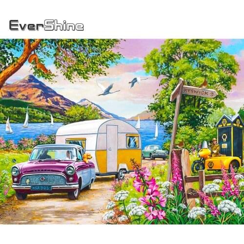 Evershine 5D DIY Diamond Embroidery Tree Diamond Painting Car Scenery Mosaic Rhinestone Art Cross Stitch Spring Home Decoration