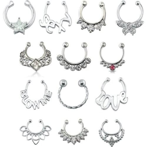 ZS 4/3PCS/Lot Indian CZ Nose Ring For Women Stainless Steel Septum Clickers Star letter Fake Septum Ring Nose Lip Tragus Jewelry