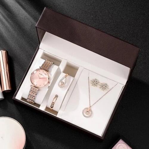 Fashion Women Rose Gold Cutting Glass Mirror Watch Necklace Pendant Bracelet Earrings Combo Sets Fashion jewelry set Gift For