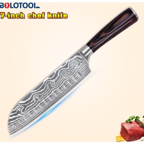 Kitchen Knife Damascus Laser Pattern Japanese Chef Knife Santoku Fish Filleting Meat Slicing Cleaver Vegetables Knife 440C Steel