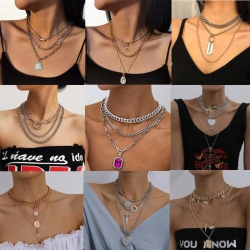 Multi-layered Retro Womens Punk Angel Square Coin Cross Pendant Chunky Thick Cuban Link Chain Charm Necklace Set Girl Jewelry