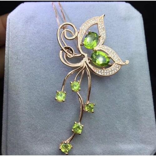 Fashion grace Butterfly Tassels natural green peridot Pendant natural olivine Brooch S925 silver Women party gift fine jewelery