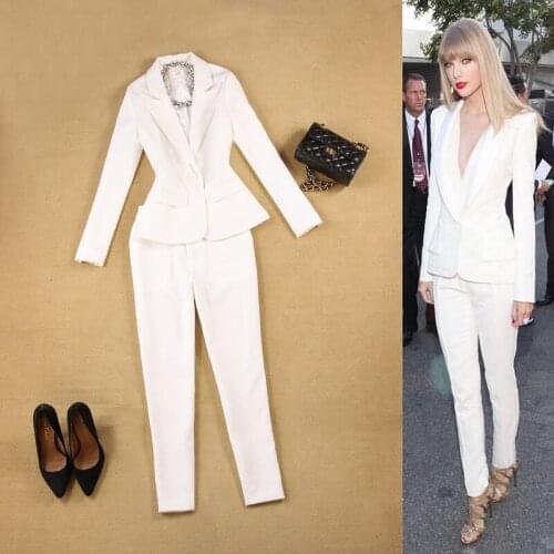Fashion Women Spring Summer Autumn High Quality New England Slim Simple White Suit + Pants Set women pant suits formal