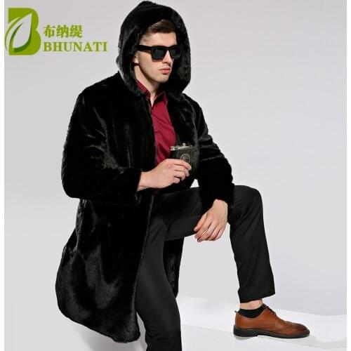 BHUNATI Classic Black Hooded Mens Faux Fur Coat 2018 Winter Warm Coat and Jacket Fashion Slim Fur Outwear Faux Mink Fur Coats