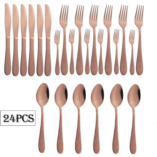 24Pcs Rose Cutlery Set Stainless Steel Dinnerware Set Knife Fork Spoon Tableware Set Dessert Cake Fruit Fork Kitchen Flatware