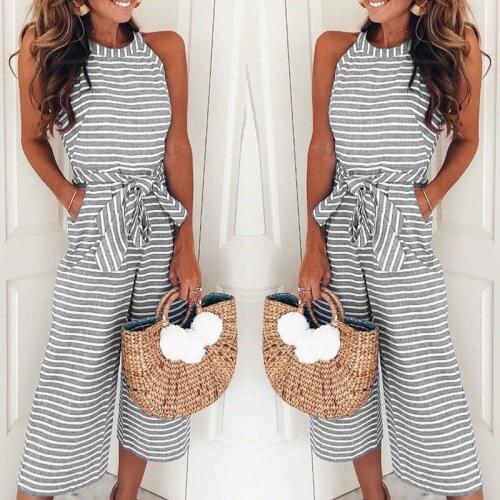 New Fashion Elegant Summer Fashion Overalls Women Striped O-Neck Sleeveless Long Rompers Elegant Belt Bow Loose Party Jumsuit