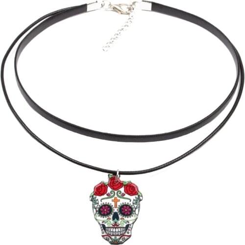 Women Two Layer Necklace Gothic Punk Necklace Creative Skeleton Head Pendant Choker Colorful Clavicle For Halloween Unisex