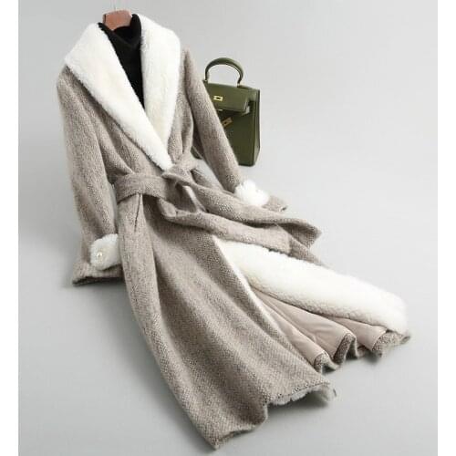 Fashion Wool Tweed Coat Women Long Natural Lamb Fur Trim Thick Winter Female Jacket With Blet Woolen Coats 18045 WYQ1817
