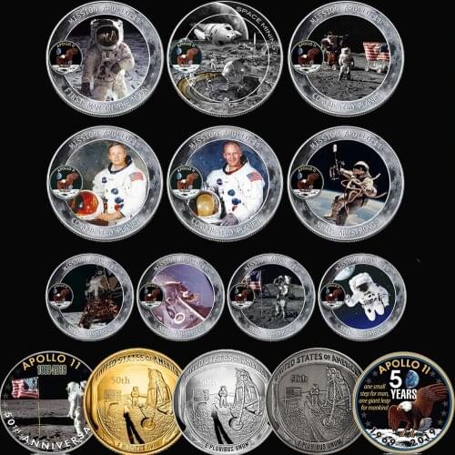 15pcs/lot US 50th Anniversary Apollo 11 Coin Moon Landing Silver Gold Commemorative Coins Gift