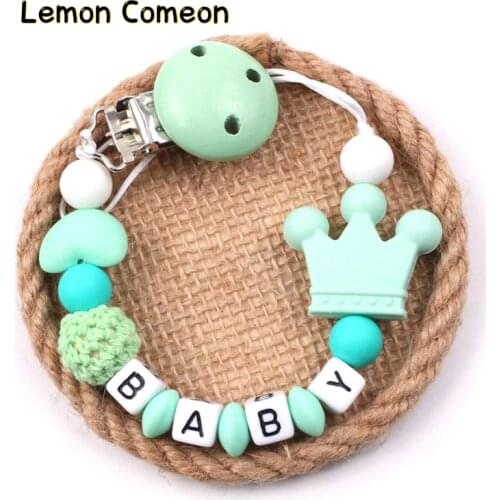 Personalized Name Handmade Baby Pacifier Chain Teething Crochet Beads Crown Newborn Holder Soother Chew Toy Dummy Chain Teether
