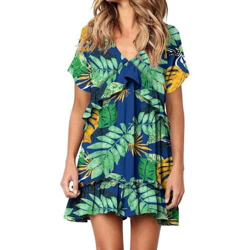 Plus Size Summer Dress Women Vintage V-neck stylish print ruffle mini dress V Neck Print Ruffle Short Sleeve Mini Beach Dress