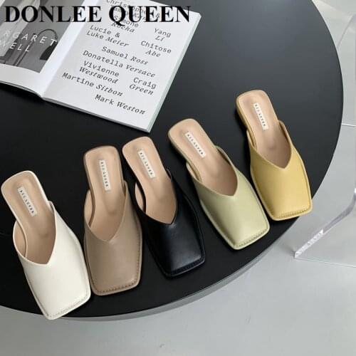 Flat Slippers 2021 Spring Fashion Mules Shoes Women Square Toe Slip On Slides Casual Summer Sandals Outdoor Low Heels Flip Flops