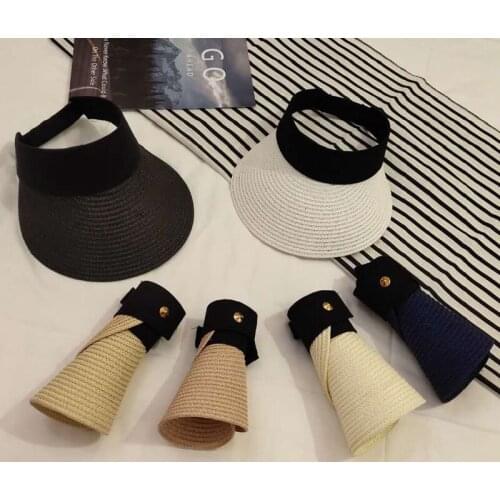 Collapsible Sun Protection Women Summer Outdoor Empty Top Hat Shading Wide Brim Velcro Sun Visor Straw Hat Beach Cap