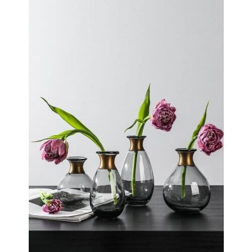 Modern Glass Vase Copper Ring Small Mouth Flower Pot Bottle Terrarium Hydroponic Systems Desk Aesthetic Room Home Decoration
