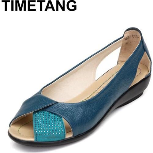 TIMETANG Plus size genuine leather shoes peep toe women sandals fashion crystal summer flat shoes woman sandalias femininas