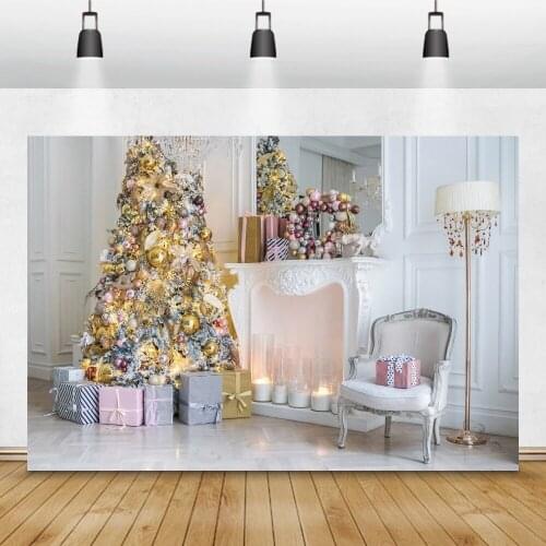 Gorgeous Christmas Tree White Fireplace Candle Gifts Chic Wall Background Family Children Portrait Photography Backdrop Banner