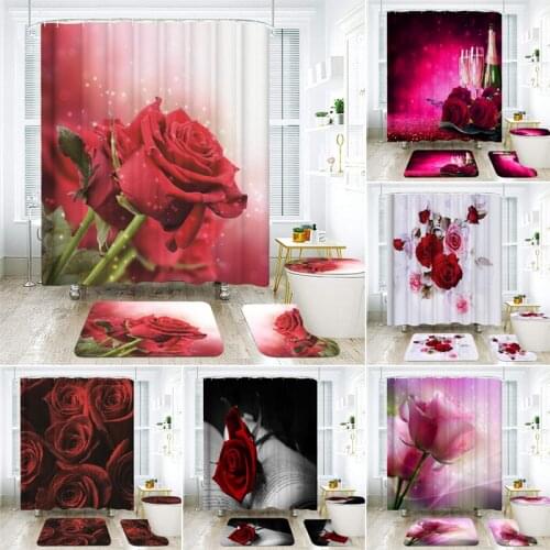3D Red Rose Shower Curtains Bathroom Curtain Set Polyester Fabric Home Decor Pedestal Rug Lid Toilet Cover Mat Bath Carpet Sets