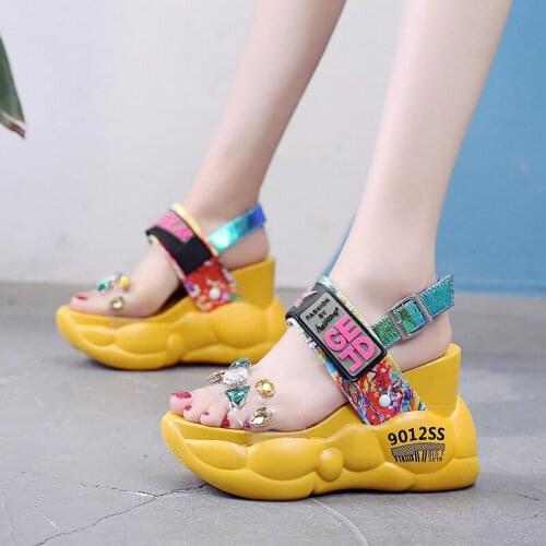 Slope heel flower ladies sandals summer fashion casual rhinestone platform inner heightening comfortable Roman shoes exquisite