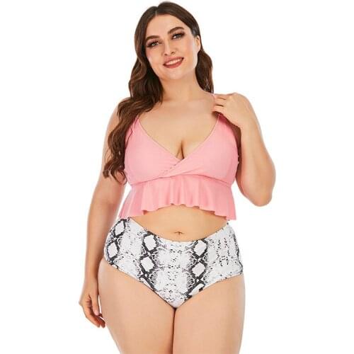 2021 New Feminine Large Size High Waist Ruffled Split Bikini Pink Beach Swimsuit Womens Snake Print Swimsuit Swim Wear Sw716