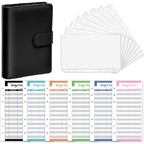 A6 Pu Leather Notebook Binder Budget Planner Organizer 6 Ring Binder Cover, 8 Pcs Binder Pockets, 12 Pcs Expense Budget Sheets