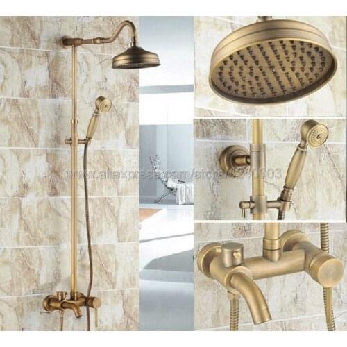 Antique Brass Bathroom Rainfall Shower Faucet Set Bathtub Mixer Tap With Hand Sprayer Wall Mounted Bath Shower Sets Krs223