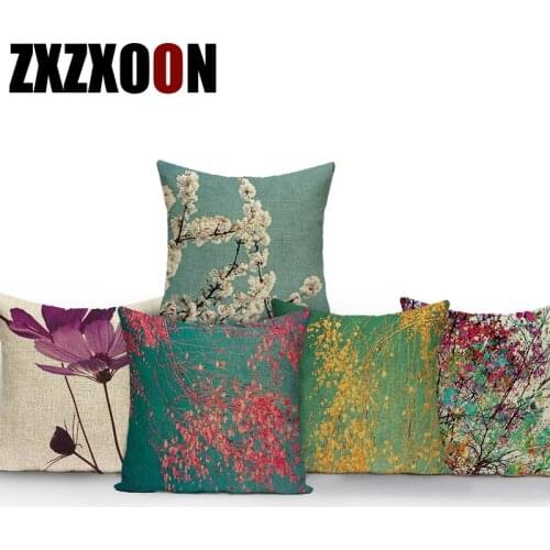 Pastoral Floral Flower Oil Painting Trees Polyester Decorative Pillows Cushion Cover for Living Room Decoration Pillowcase