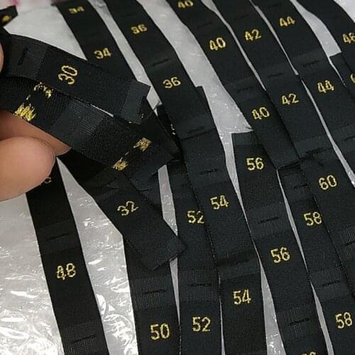 Golden number sizes labels 100PCS Black damask polyester cloth size label 30 32 34 36 38 40 42 44 46 48 50 52 54 56 58 60 62