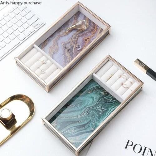 European Jewelry Glass Storage Box Ring Necklace Display Box Agate Pattern Rectangle Jewelry Boxes Desktop Storage Organize Tray