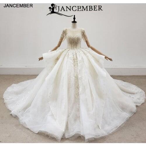 HTL2074 Sexy V-Neck Ball-Gown Beaded Crystal Luxury Sequined Wedding Dress 2021 Lace Up Back Short Sleeve