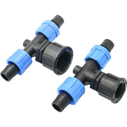 16mm Drip tape Tee Water Splitter 2-Way Hose Connector With 1/2 3/4 Female Thread Greenhouse Drip Irrigation Fittings 20 pcs