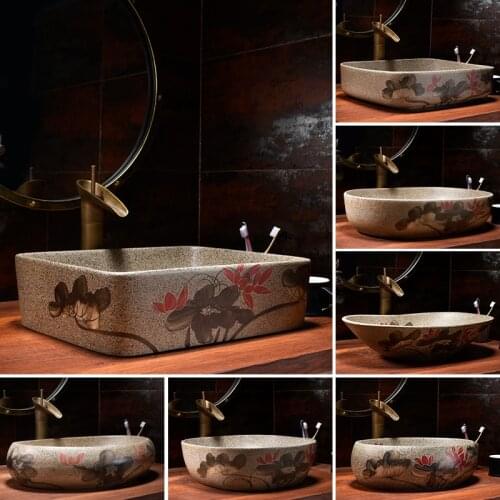 Chinese Above Counter Basin Hand-painted Lotus Wash Basin Home Retro Art Wash Basin Creative Hotel Bathroom Basin Single Bowl