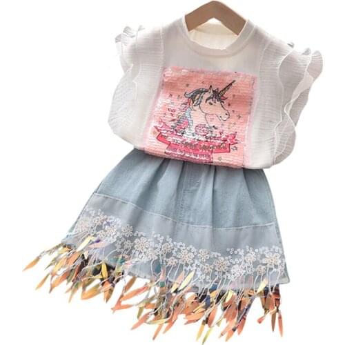 Kids Girls Clothing Set Cartoon Print Round Neck Top and Denim Skirt Two-piece Suit for Photography Birthday Party Vacation Set