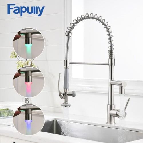 Fapully Spring Style Kitchen Faucet With LED Brushed Nickel Faucet Pull Out 360 Rotate Swivel 2-Function Water Outlet Mixer 512