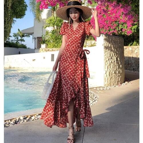 Summer Women Floral Print Ruffle Maxi Dress Boho Vacation Tropical Chiffon V-neck Long Beach Dresses Vintage Female vestidos